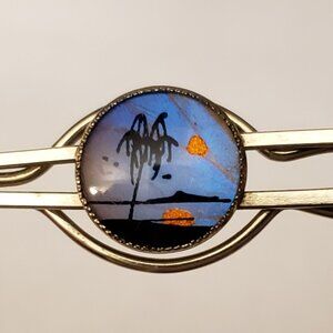 Vintage Morpho Tie Bar Clip Palm Tree Beach Tropical Blue Silvertone Butterfly